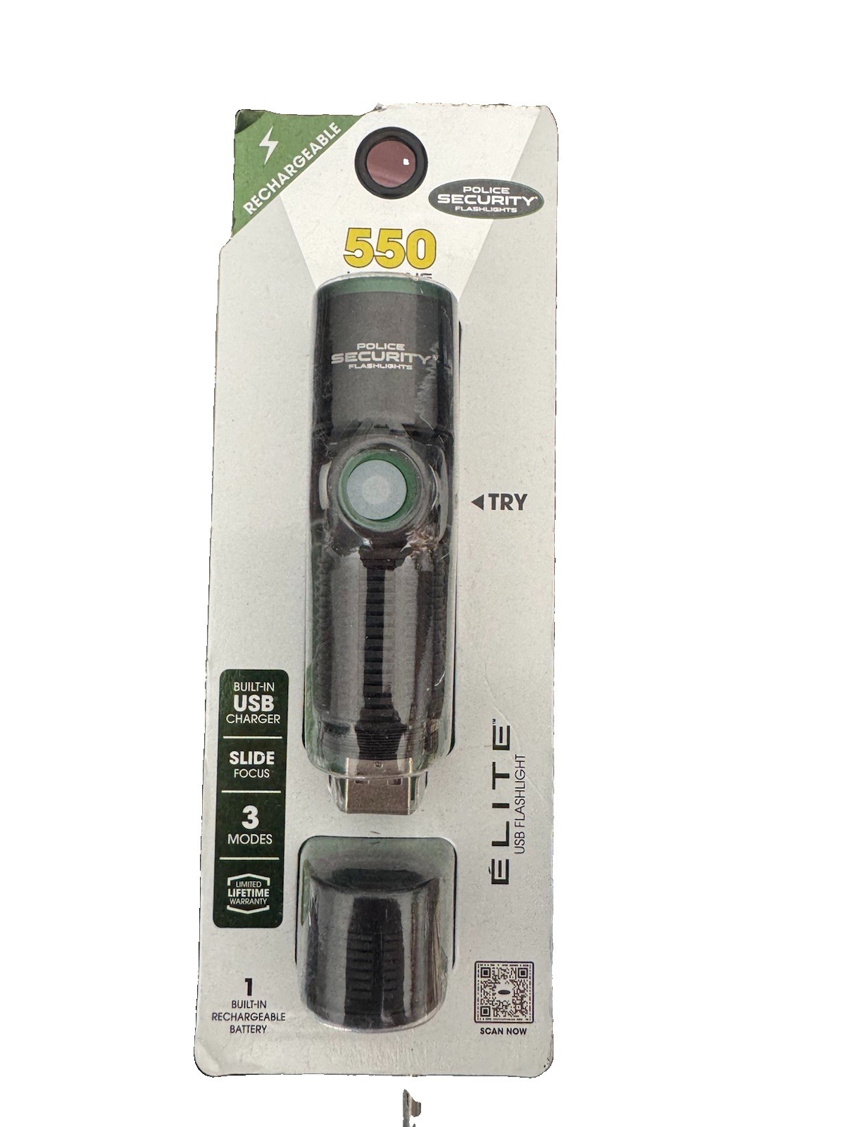Police Security 550lm LED USB Rechargeable Flashlight Slide Focus Strobe Black
