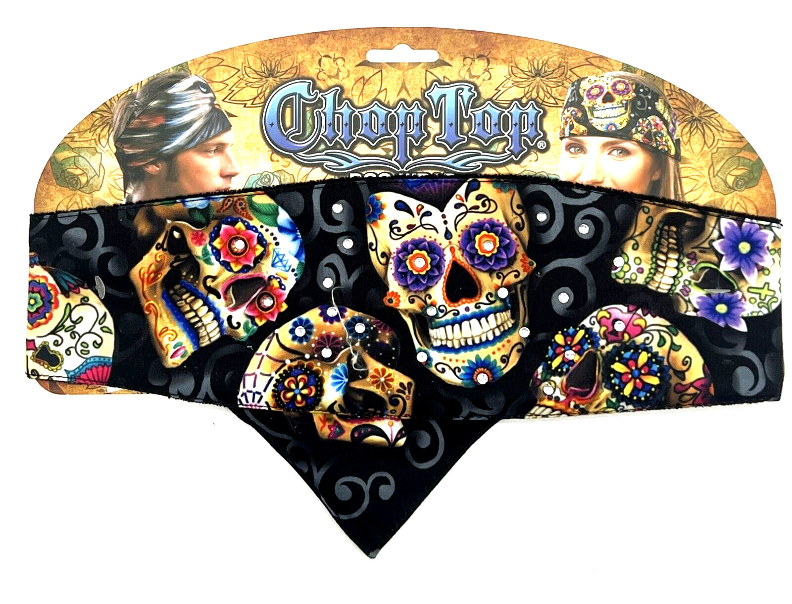CHOP TOP DAY OF THE DEAD RHINESTONES DOO WRAP HEADBAND BANDANA BIKER DOO RAG