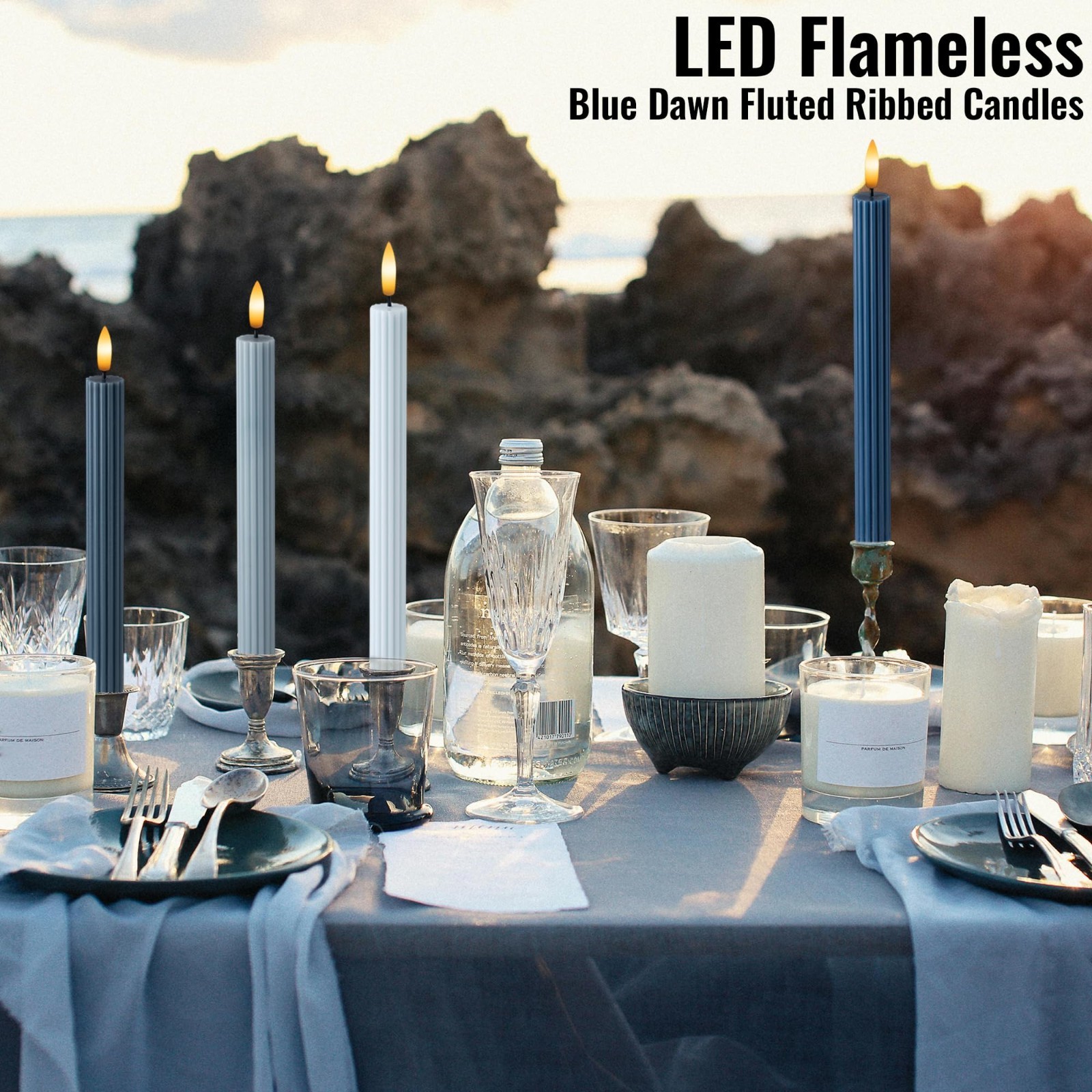 4 Pack 10" Overcast Blue LED Flameless Taper Candles with Remote & Timer