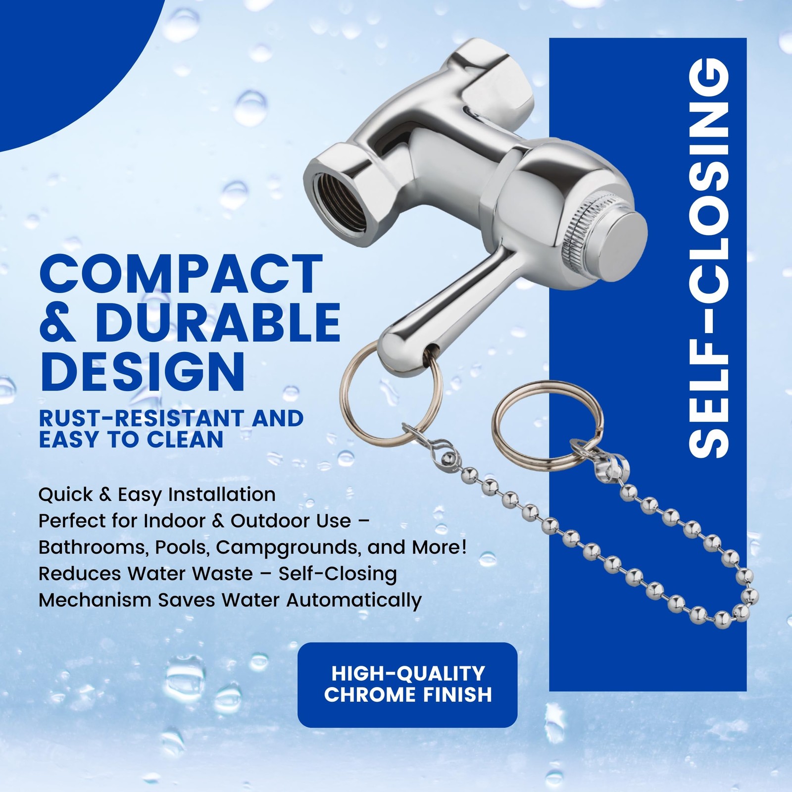 Self-Closing Shower Valve with Pull Chain Chrome Indoor Outdoor Use
