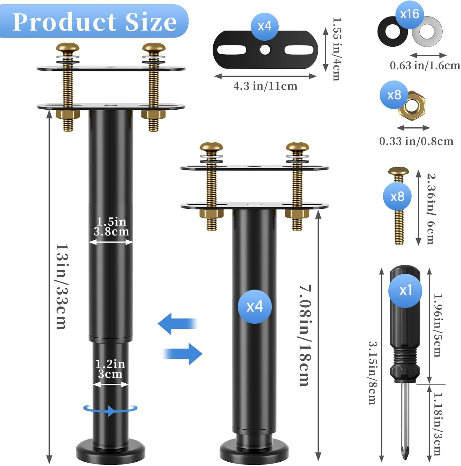 Set of 4 Adjustable Bed Legs Replacement, Adjustable Metal Bed Frame Support Leg