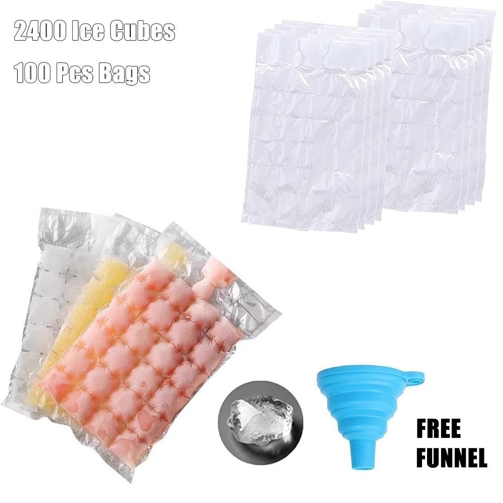 100 Pcs Disposable Ice Cube Bags - Clear Plastic for BBQ & Parties - 2400 Cubes