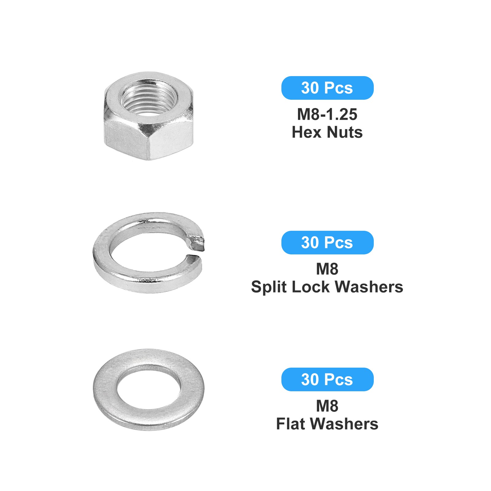 Hex Nuts Assortment Kit (M8-1.25 Hex Nuts with M8 Flat Washers) 90Pcs Kit