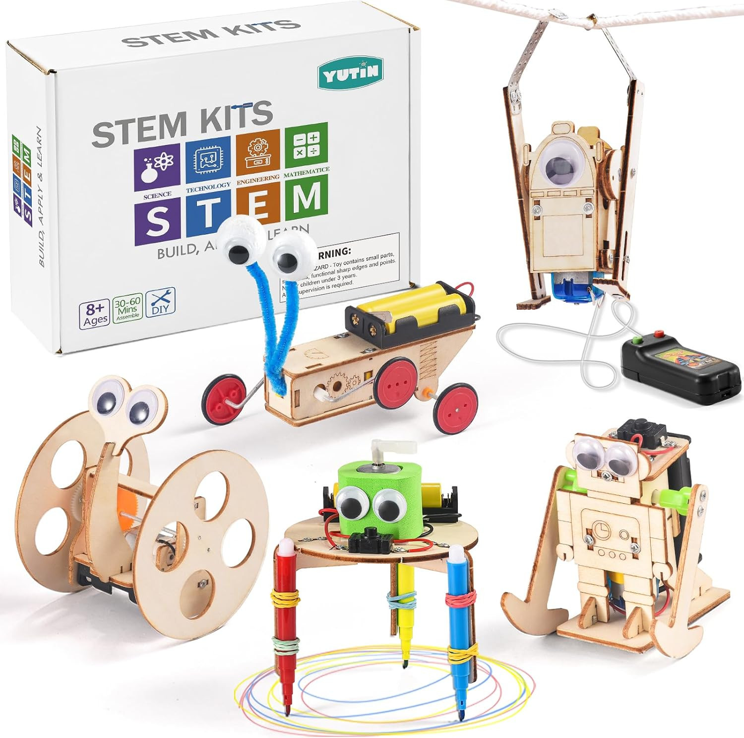 5-In-1 STEM Robot Kit for Kids Ages 8-10, Wood Building Art Crafts Kits for Boys