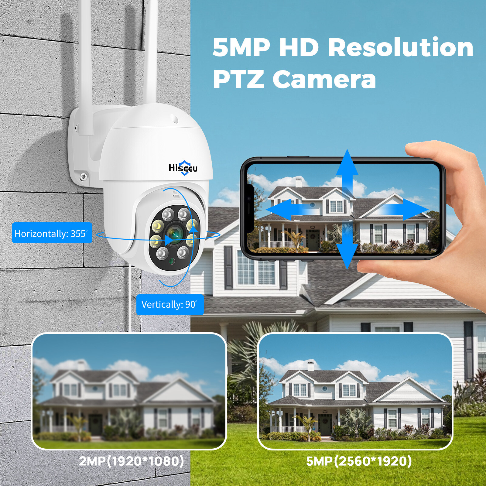Hiseeu 2PCS 5MP HD Image WIFI Security Camera PTZ Auto Tracking IP66 Full Color