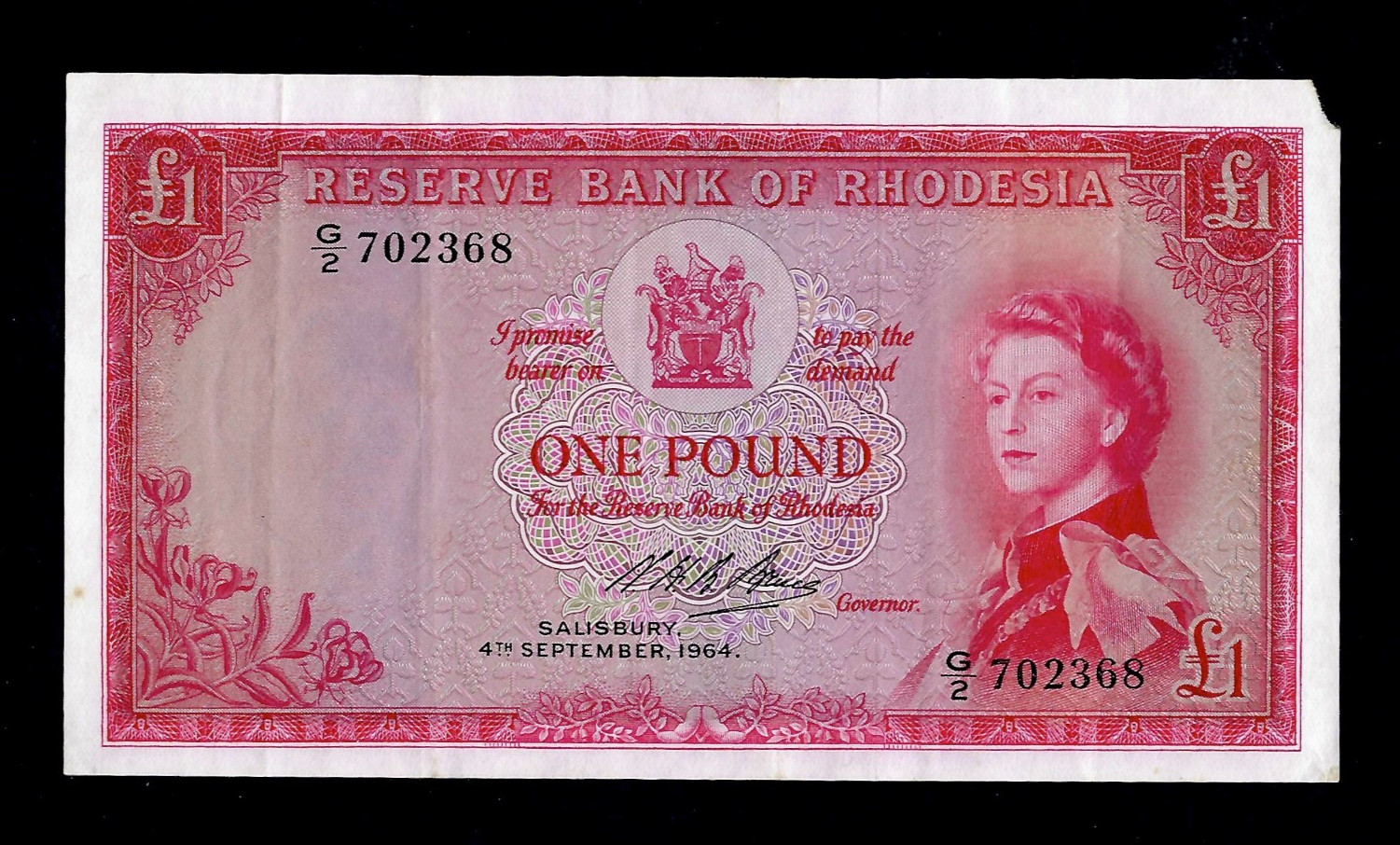 RESERVE BANK OF RHODESIA RARE 1 POUND 4/9/1964 QUEEN ELIZABETH II P-25