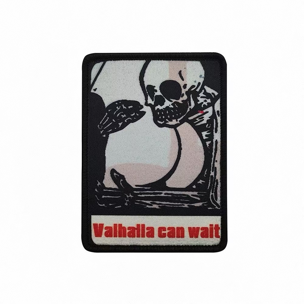 VALHALLA CAN WAIT Skeleton Hook and Loop Patch Death Funny Sarcastic White Black