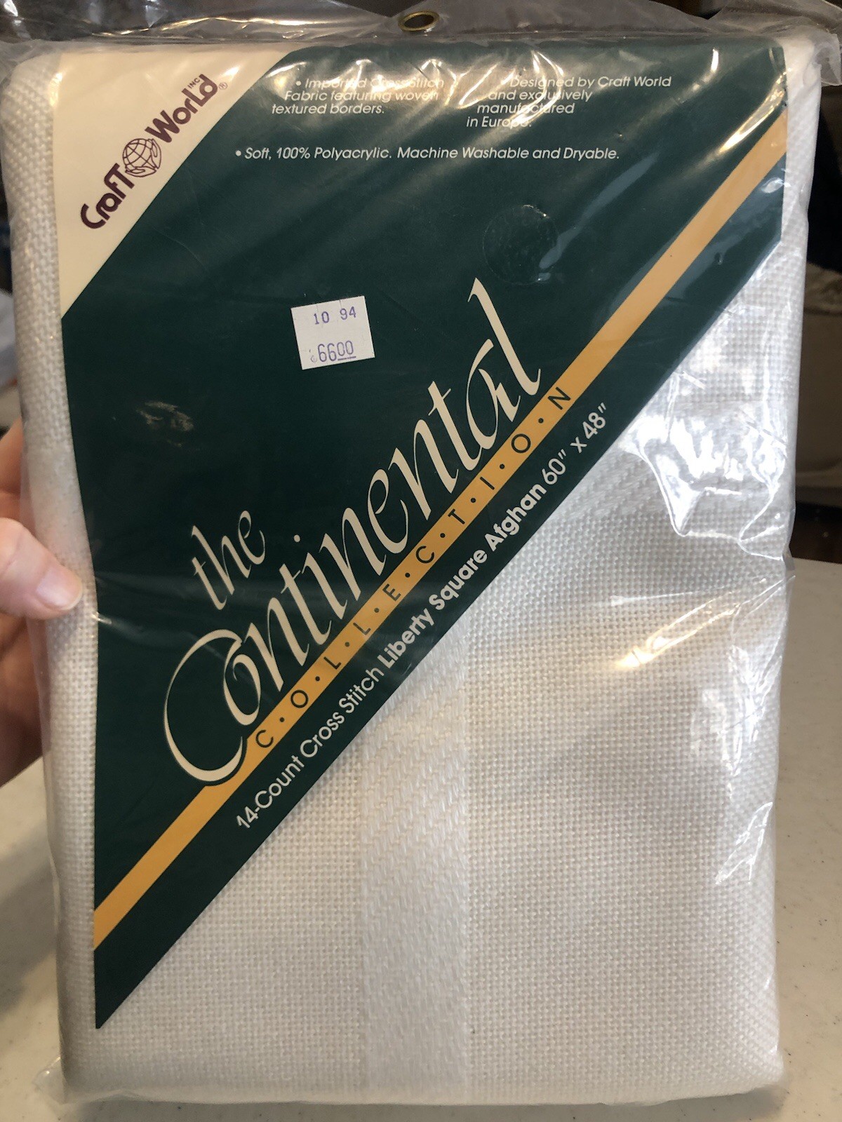 Craft World Liberty Square Cross Stitch 14ct Afghan 60" x 48”, White, NOS