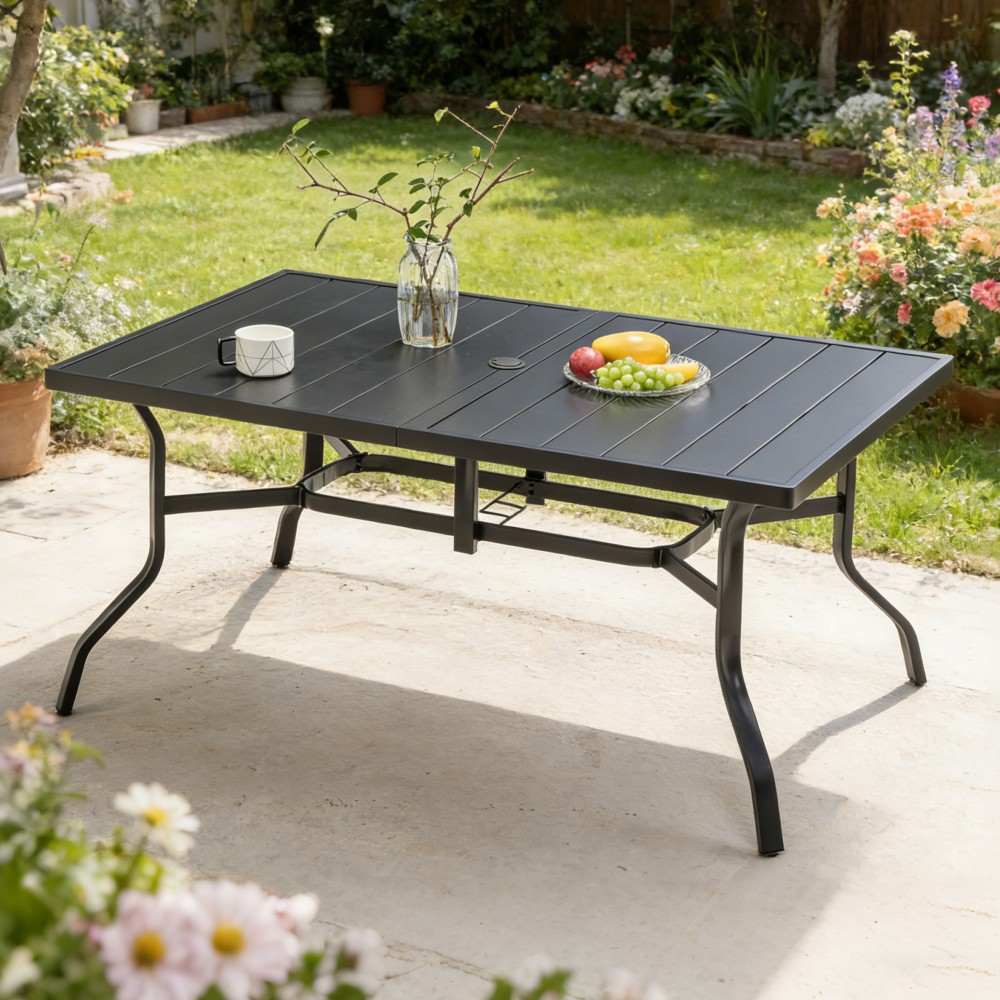 6-Person Outdoor Dining Table Steel Slat Top 2.16" Umbrella Hole Black Patio