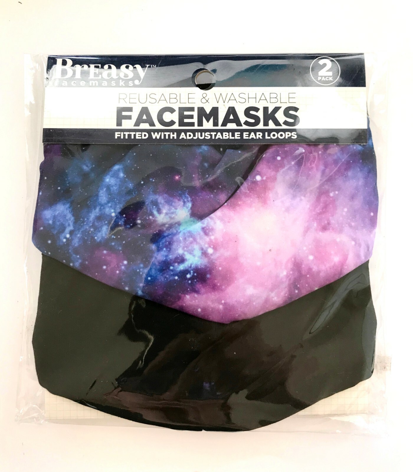 BREASY Adult Face Masks, Reusable & Washable, Adjustable Ear Loops (2 Pack)