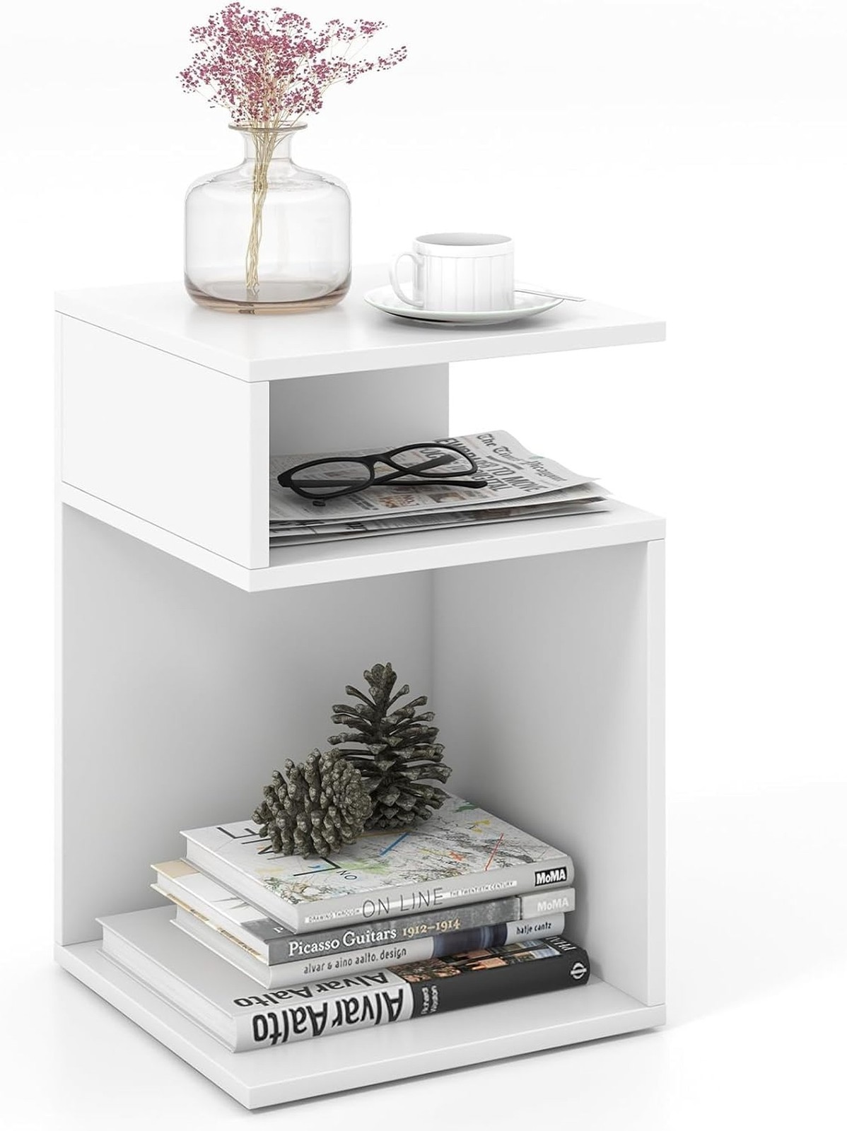 HOMGX S-Shaped End Table, 3-Tier Side Table w/ 2 Open Storage Compartments & ...