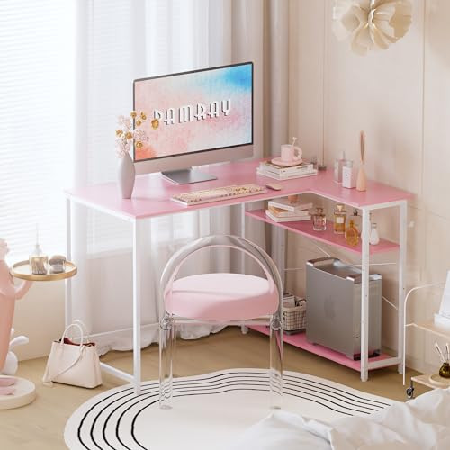 43 Inch L Shaped Computer Desk with Reversible Side Storage Shelves, Small