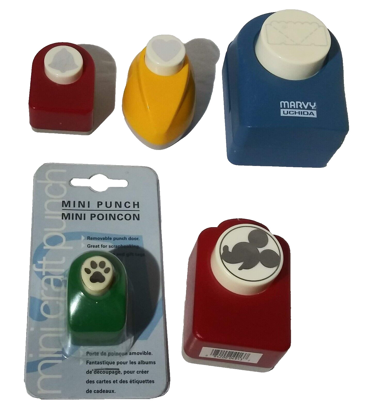 Lot of 5 Various Craft Punches Dog Paw Mickey Mouse Heart Bell