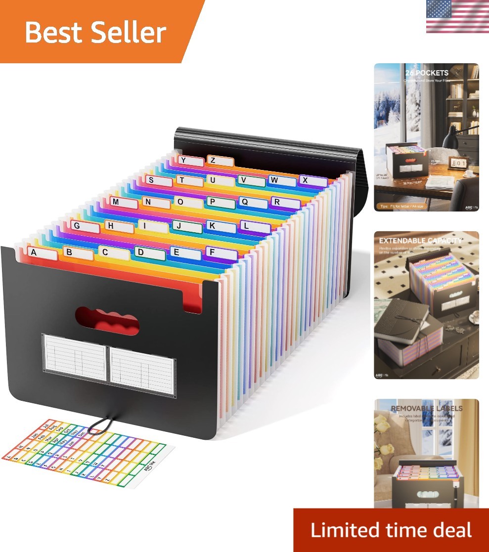 Self-Standing 26-Pocket Accordion File with Color-Coded A-Z Tabs for Easy Access