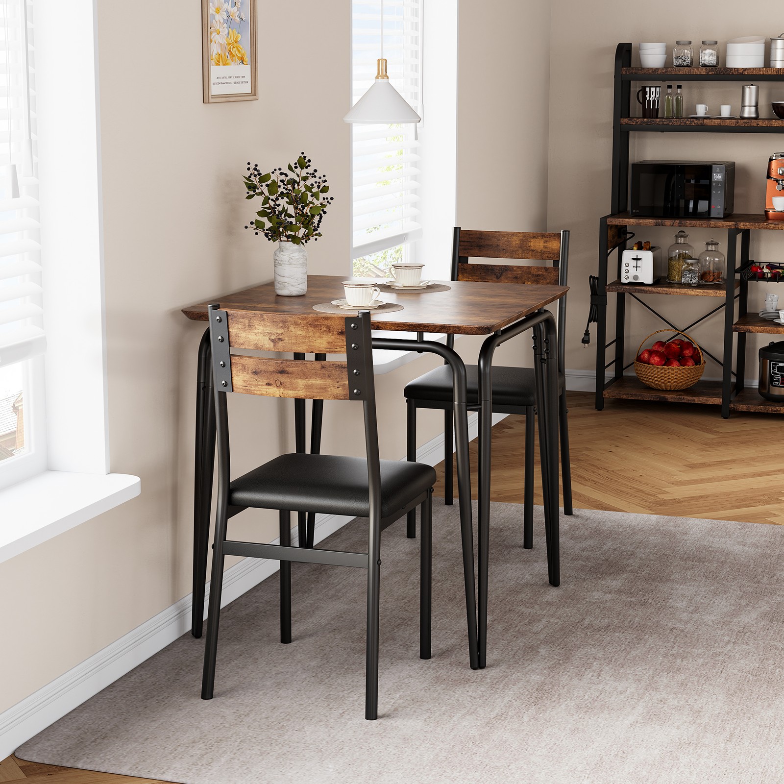 3 Piece Dining Set Gray Black Storage Compact Kitchen Dining Room Square Modern