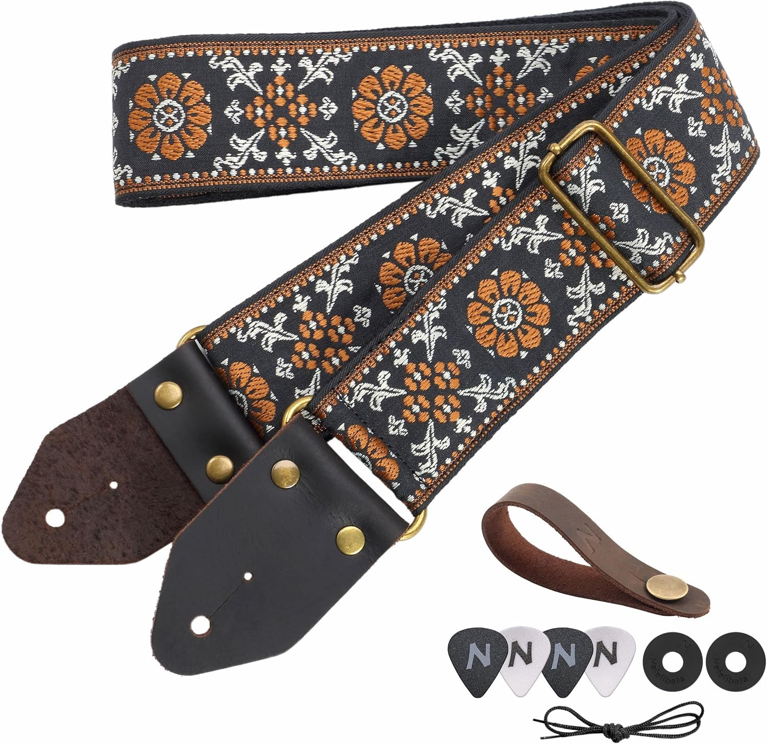 Guitar Strap,Jacquard Embroidery Cotton Guitar Straps with Crazy Horse Leather L