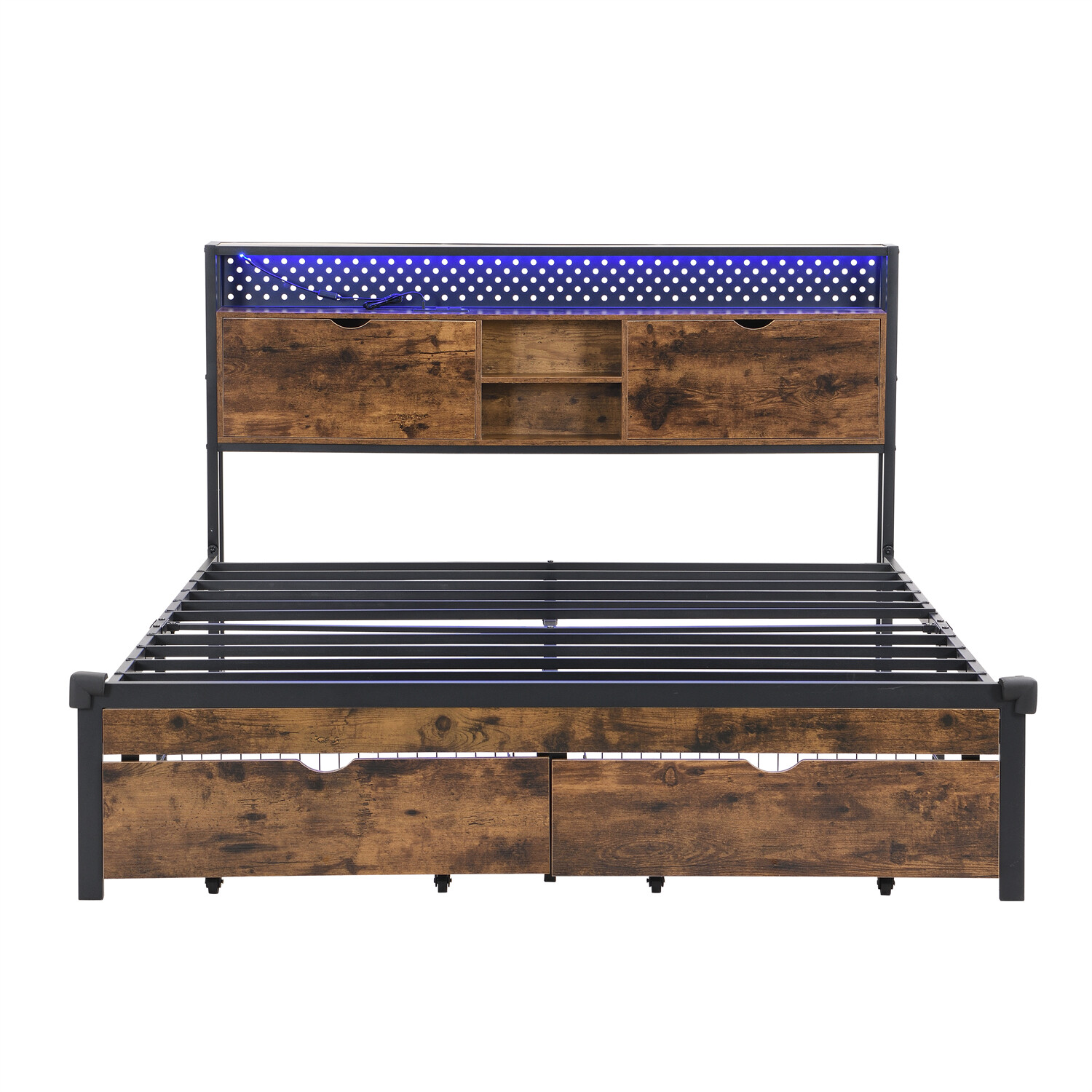 Full/Queen/King Size LED Bed Frame Metal Platform Bed w/ Charging Station