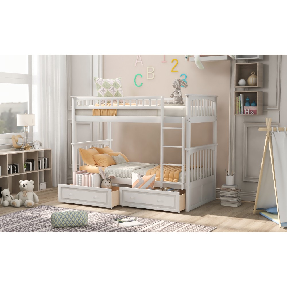 Twin over Twin Bunk Bed with Drawers, Convertible Beds Sturdy and Durability US