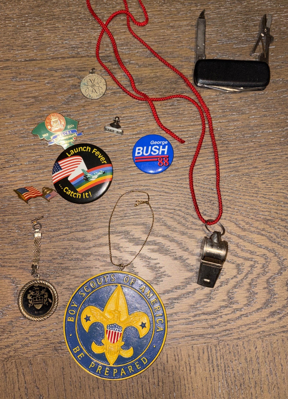 Vintage Nasa, Boy Scouts Pin-whistle-Bush Pen-two Flag PinsPocket Knife 11 Items
