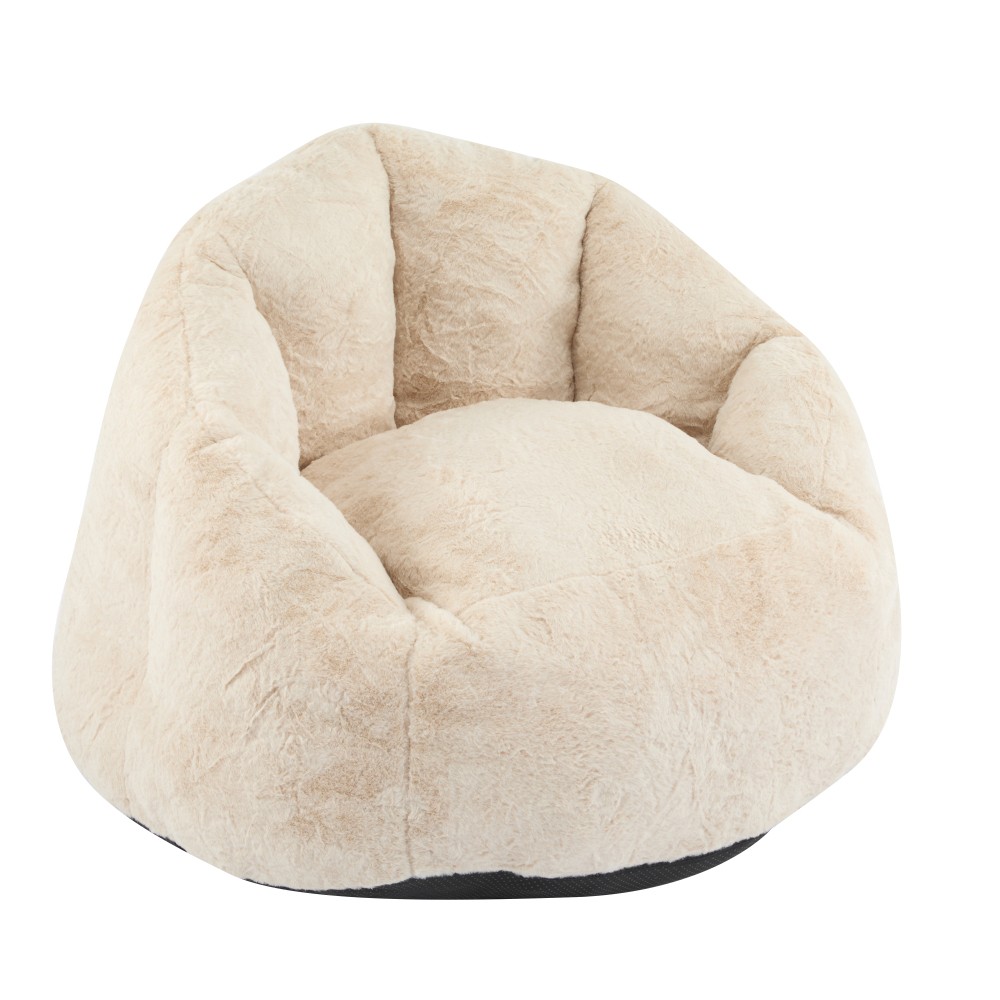 Beige Faux-Fur Bean Bag Chair, Indoor Cozy Armchair-Style, Shredded Foam Filler