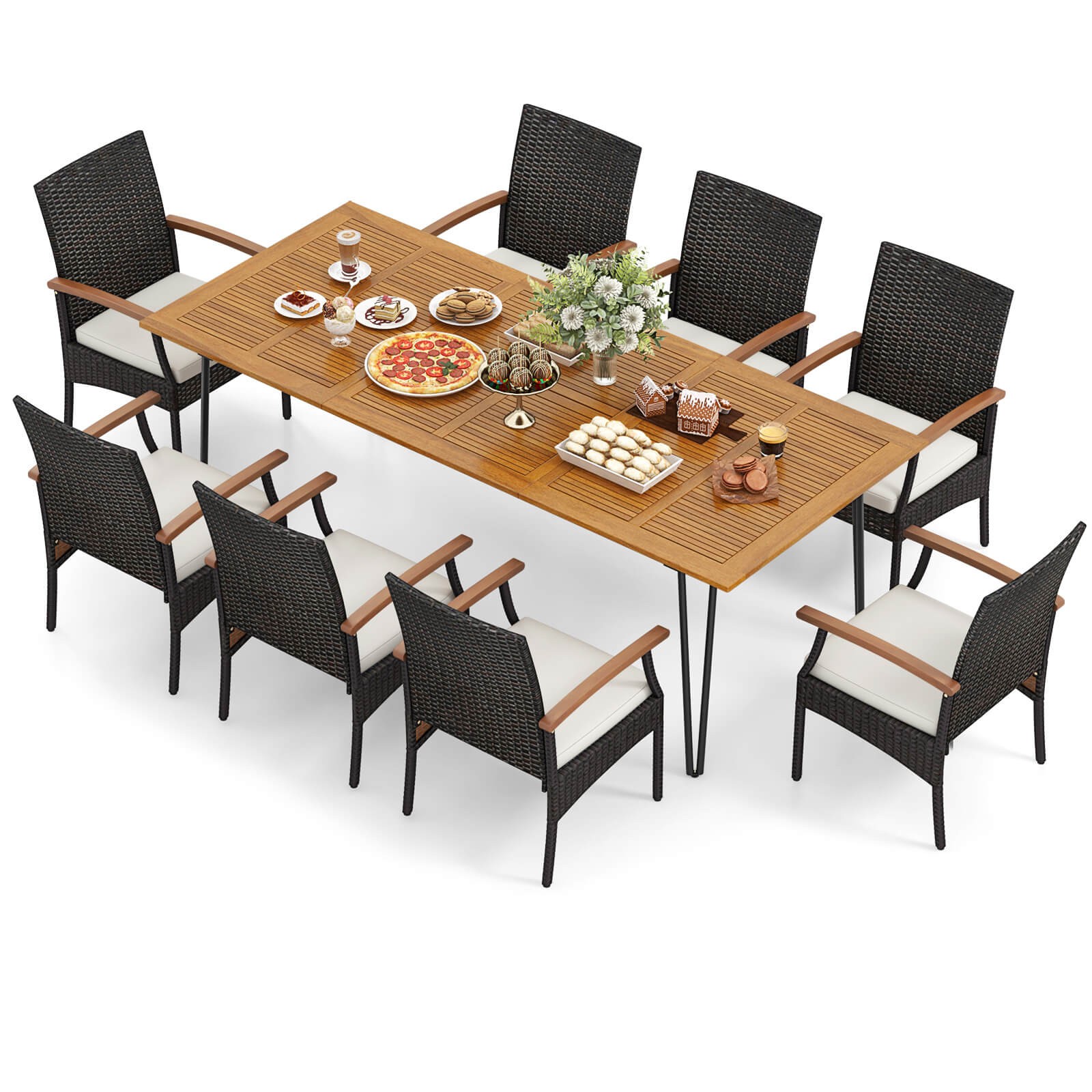 9 PCS Outdoor Patio Dining Set Armchairs Set of 8 and Acacia Wood Square Table
