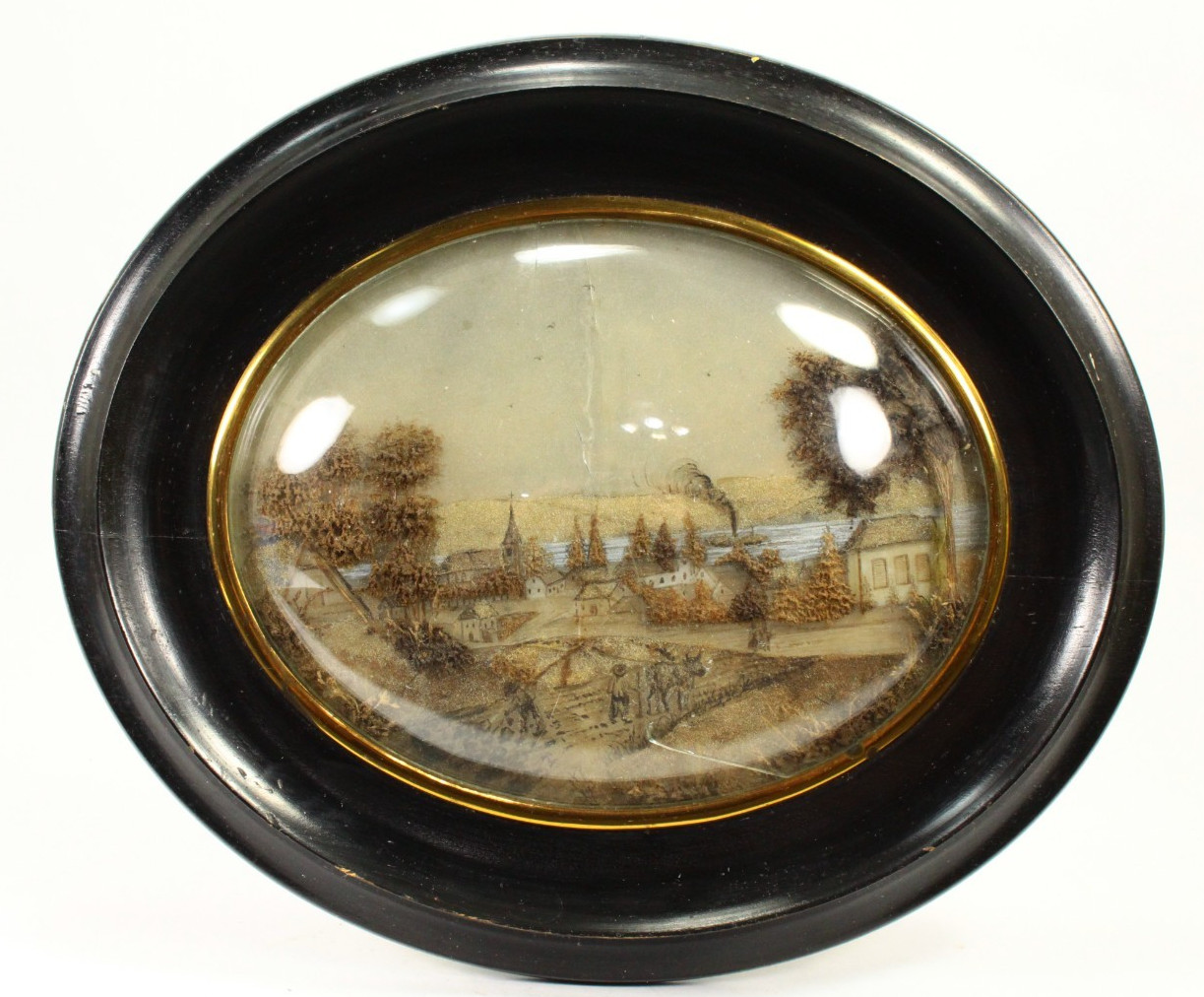 Antique 19th C. Mixed Media Reverse Glass Grisaille Diorama Oval Ebonized Frame
