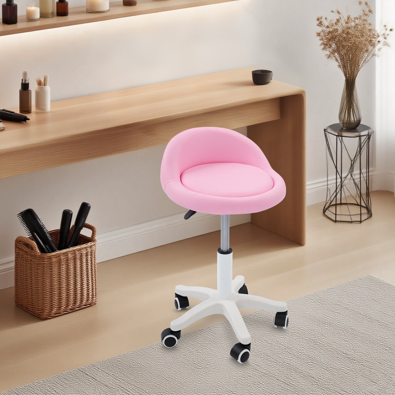 Salon Stool Pink Adjustable Height 14.57-19.69 Inch PU Leather Beauty Spa Chair