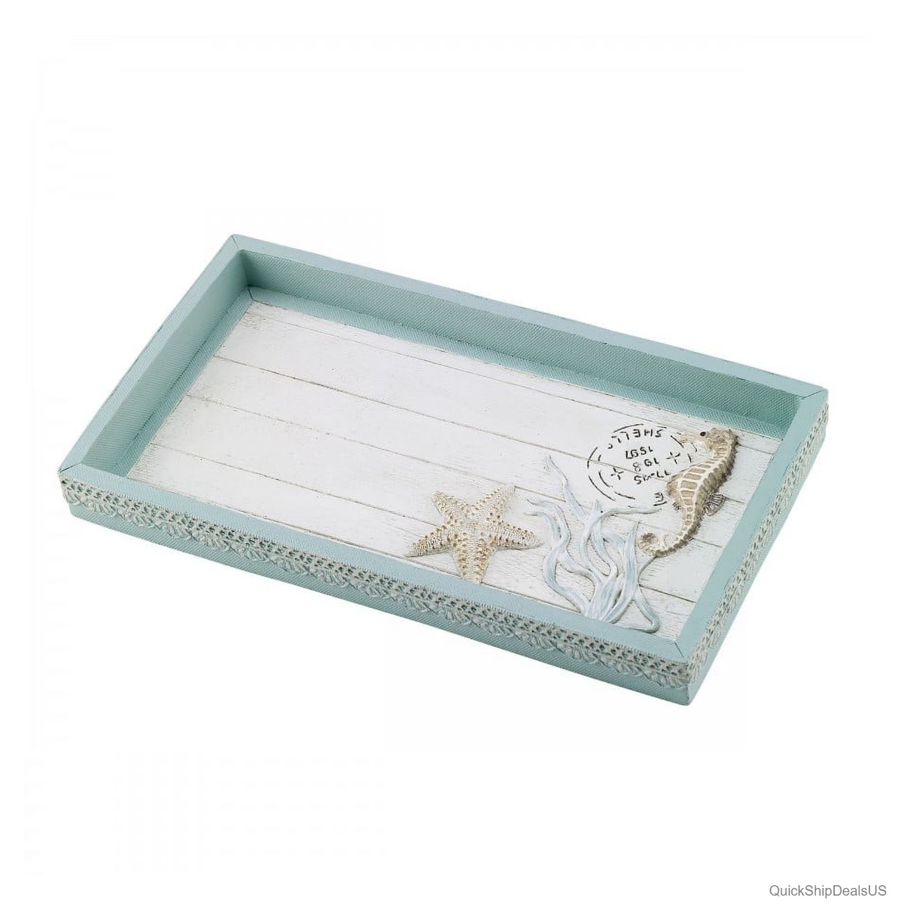 Farmhouse Shell Tray Light Blue Beige Shiplap Border Coral Decor Coastal Serving