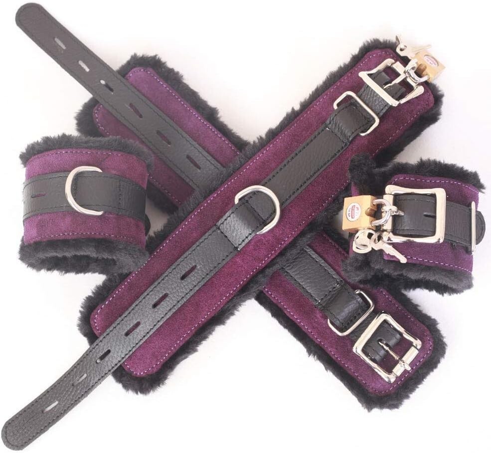 Purple Cowhide Suede Leather Wrist & Ankle Cuffs Set with Fur Lining & Foam Padd
