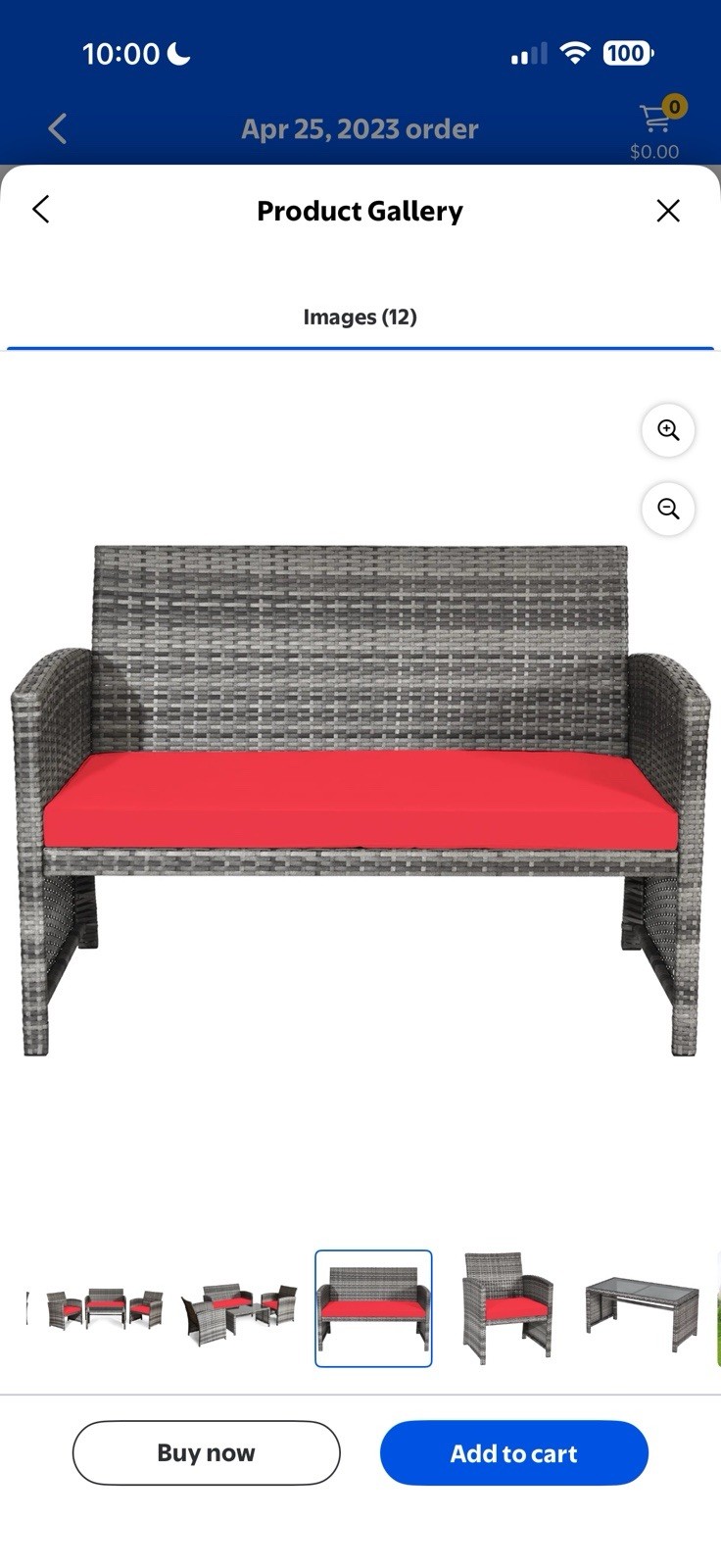 Costway 4PCS Patio Rattan Conversation Glass Table Top Cushioned Sofa Red