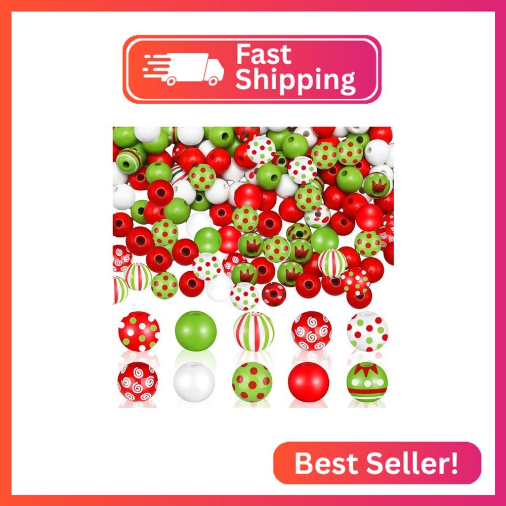 240 Pcs Christmas Wooden Beads Bulk for Crafts, Red and Lime Green Round Spacer