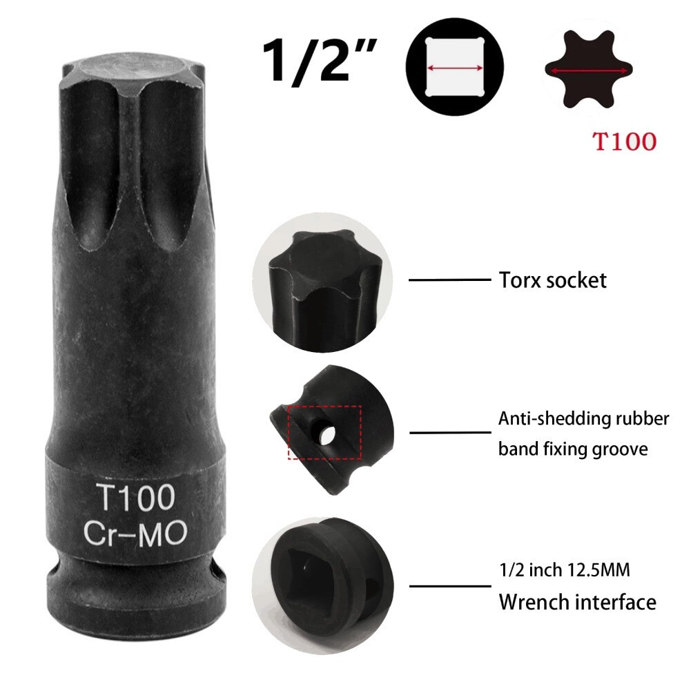 T100 Torx 6 Point Socket Adapter Set 1/2”Drive Impact Bit Socket Adapter Tool
