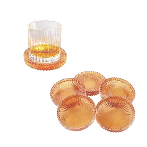 Glass Coaster Pack Round Cup Coasters for Drinks,Crystal Coffee 6 Amber