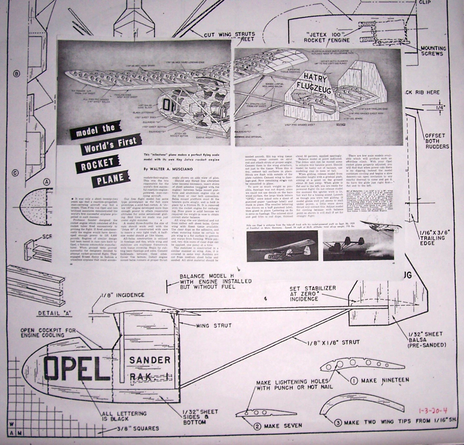 ROCKET PLANE PLAN & CONSTRUCTION ARTICLE for 28" Jetex Scale FF Model Airplane