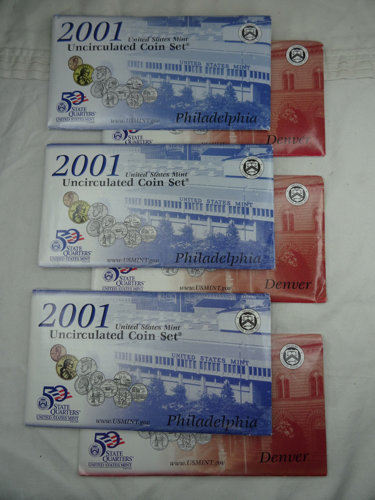 (3) 2001 P & D US Mint Uncirculated Sets 54 Coins OGP Original Envelopes BU