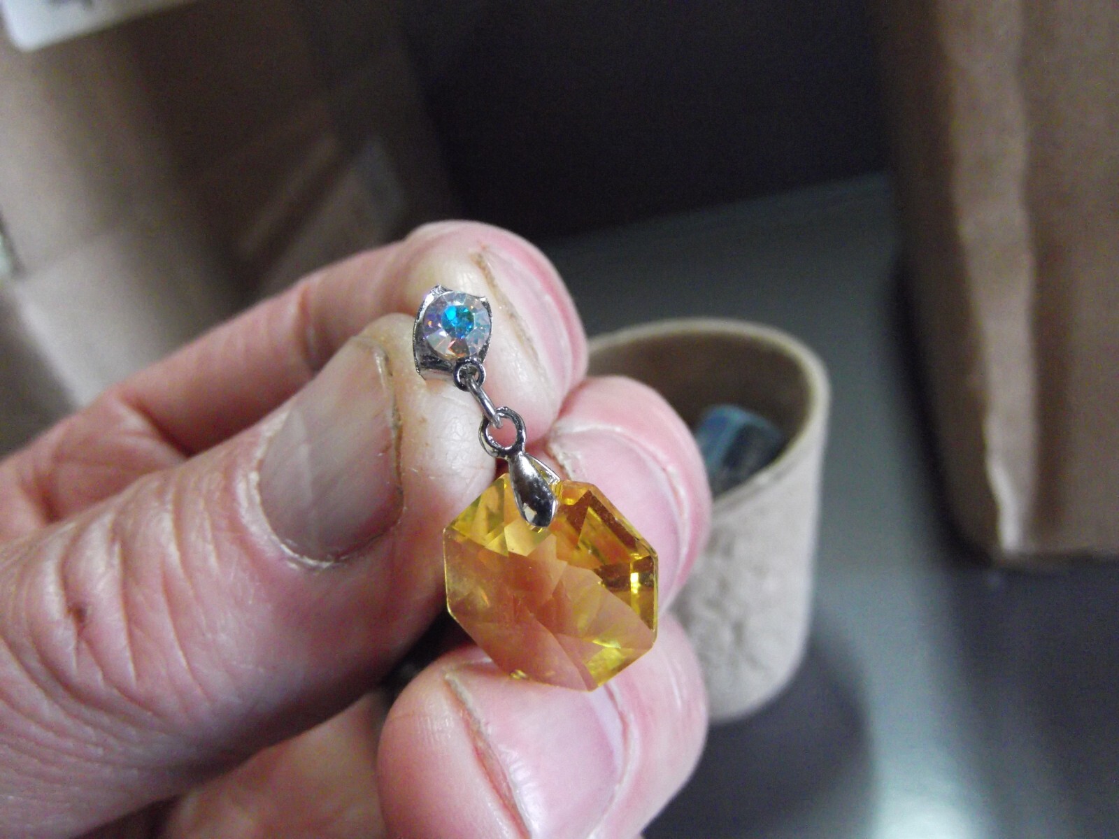 1 Pair Old 1"in Glass Orange Hexagon Dangle Stud Earrings