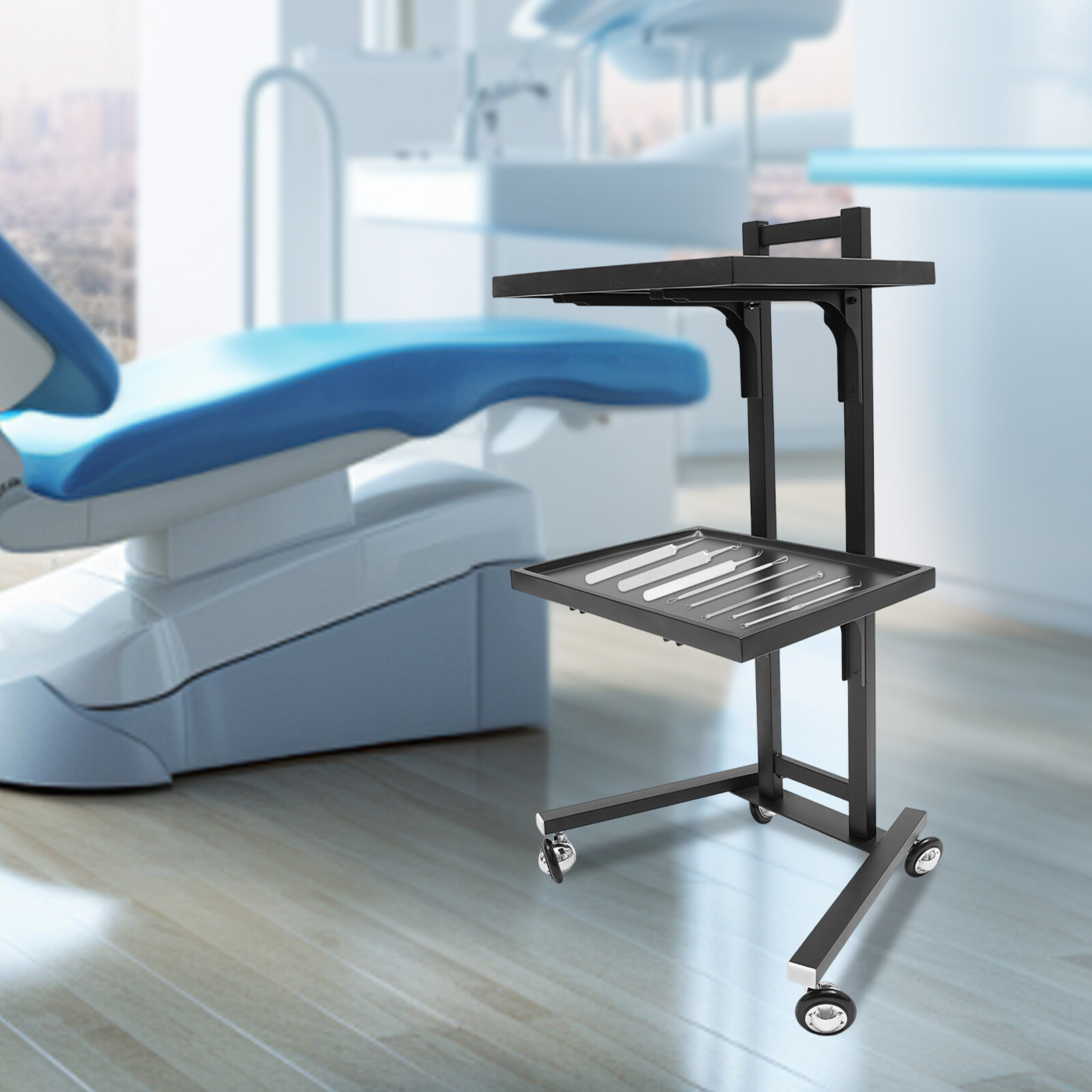 2 Tier Salon Tray Trolley Cart Foldable Mobile Rolling Cart Storage Tray Tattoo