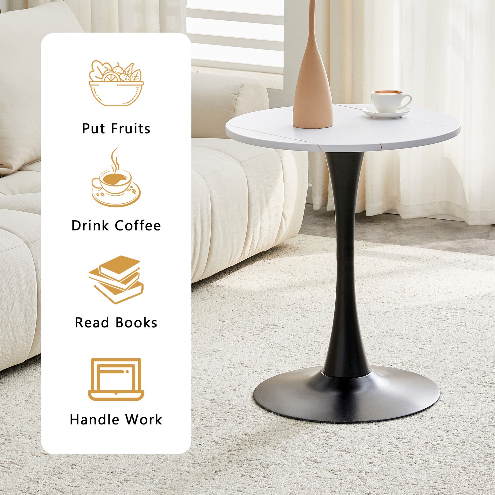 Round Dining Table, 23.6" Circle Tulip Table with Thickened Tabletop & Metal P