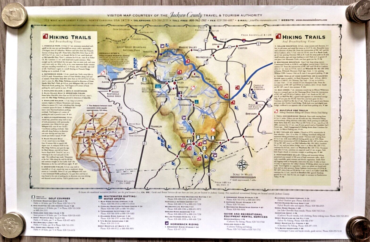 North Carolina Hiking Visitor Poster Map Golfing Waterfalls Jackson County 2006