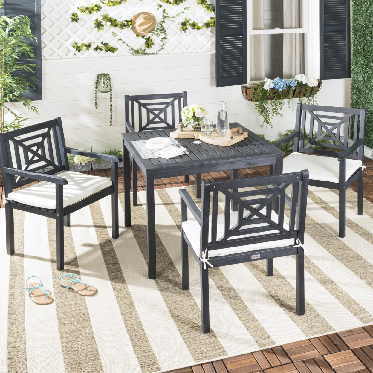 SAFAVIEH Outdoor Collection Del Mar 5-Piece Dining Set | Dark Slate Grey/Beige |