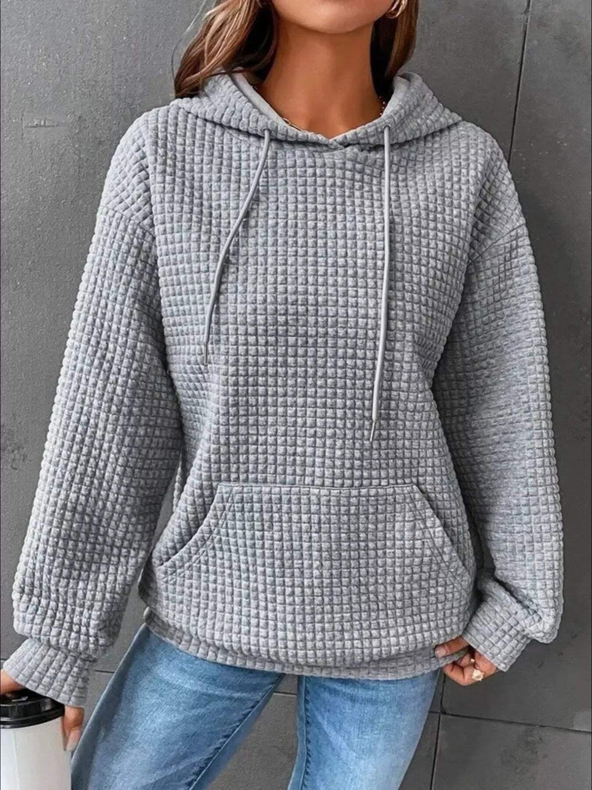 Full Size Textured Kangaroo Pocket Hoodie Plus Size