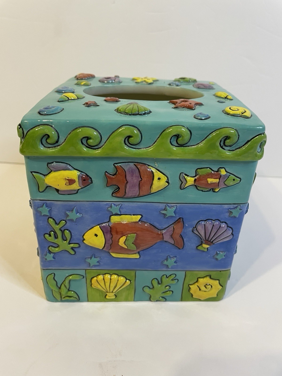 RARE FISH TISSUE BOX HOLDER Bathroom Beach Coastal Funky Colorful Sue Zipkins