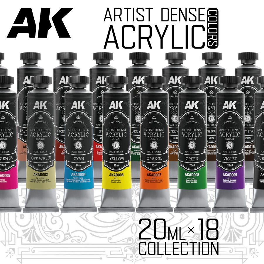 AK Interactive: [Collection] Artist Dense Acrylic - 18× 20ml - Model Paint Set