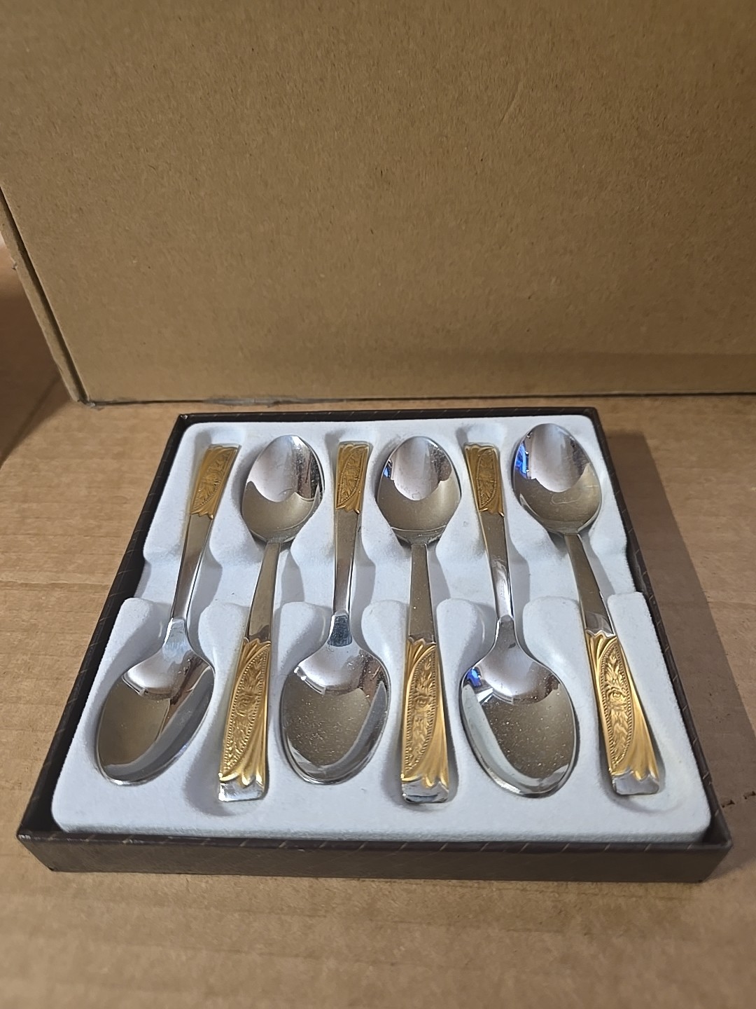 Inoxpran INX1 Oval Soup Spoons 7 3/4 Stainless 18/10 Gold Tone Accents Set Of 6