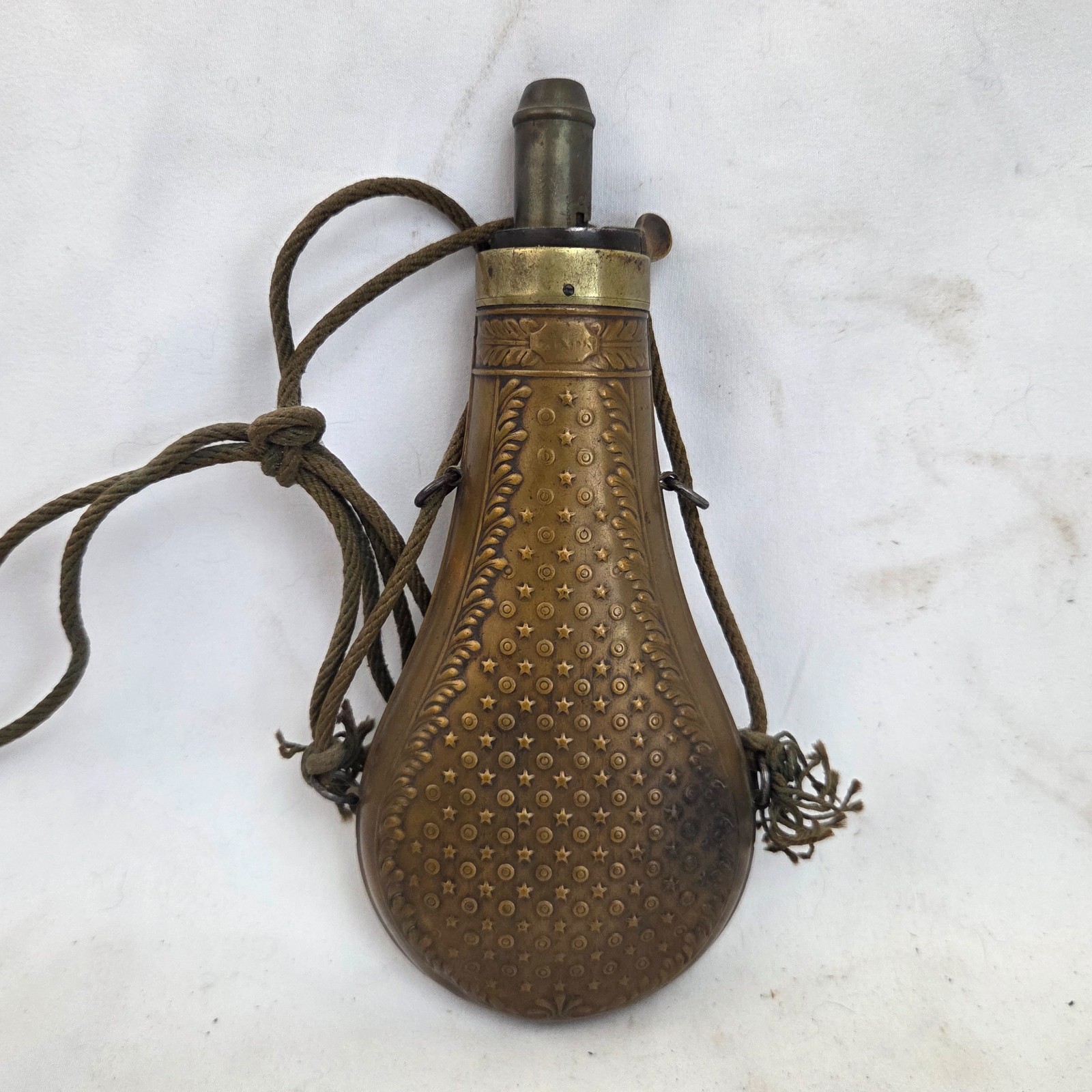 Antique James Dixon Sons Sheffield Brass Powder Flask Stars Circles Lanyard 19c