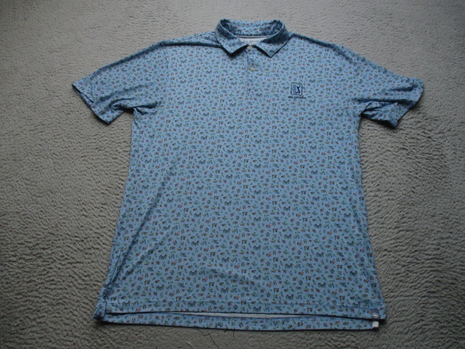 Peter Millar Golf Polo Shirt Mens M Blue TPC San Antonio Seaside Party Parrot
