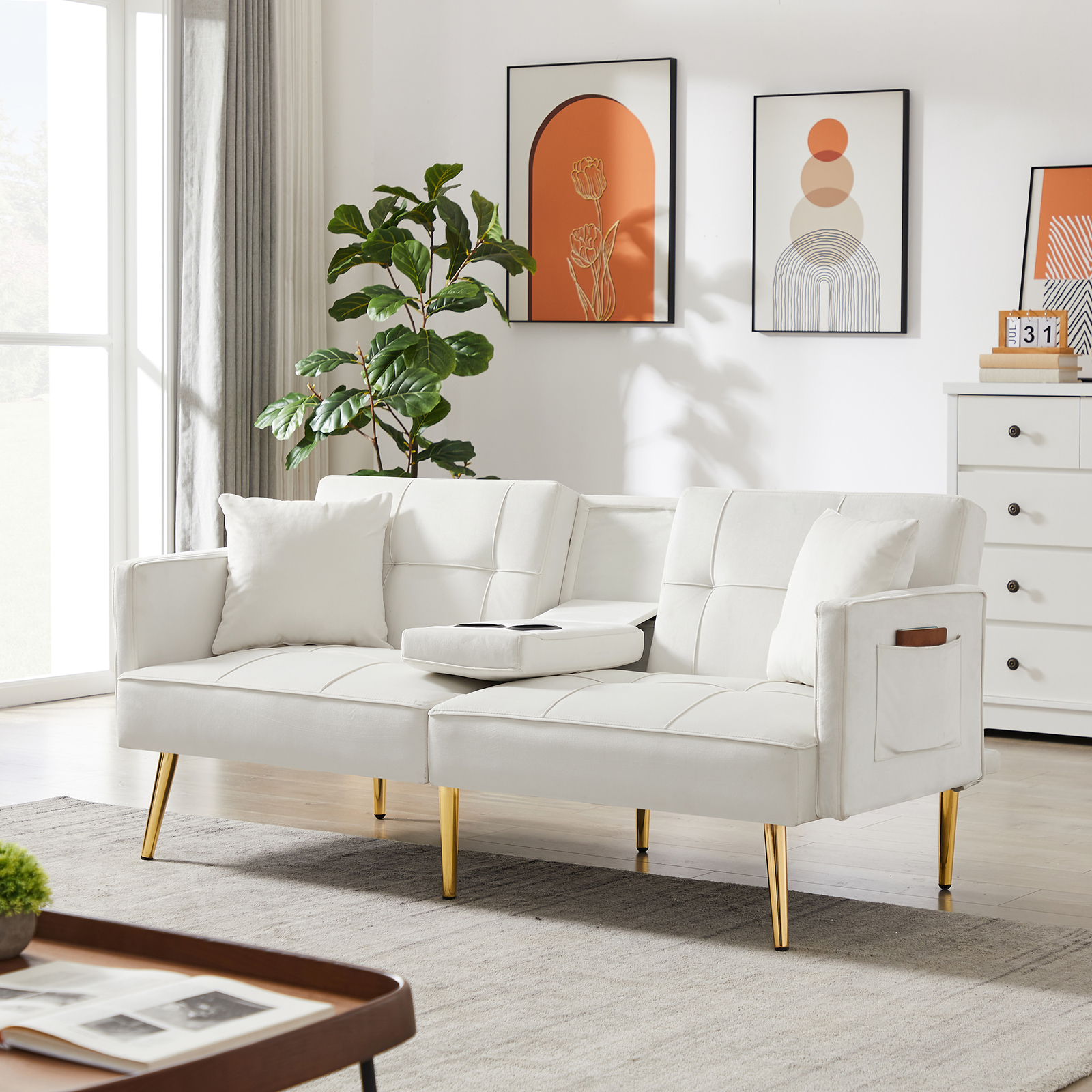 3 adjustable positions Durably crafted Sofa Bed with gold metal legs