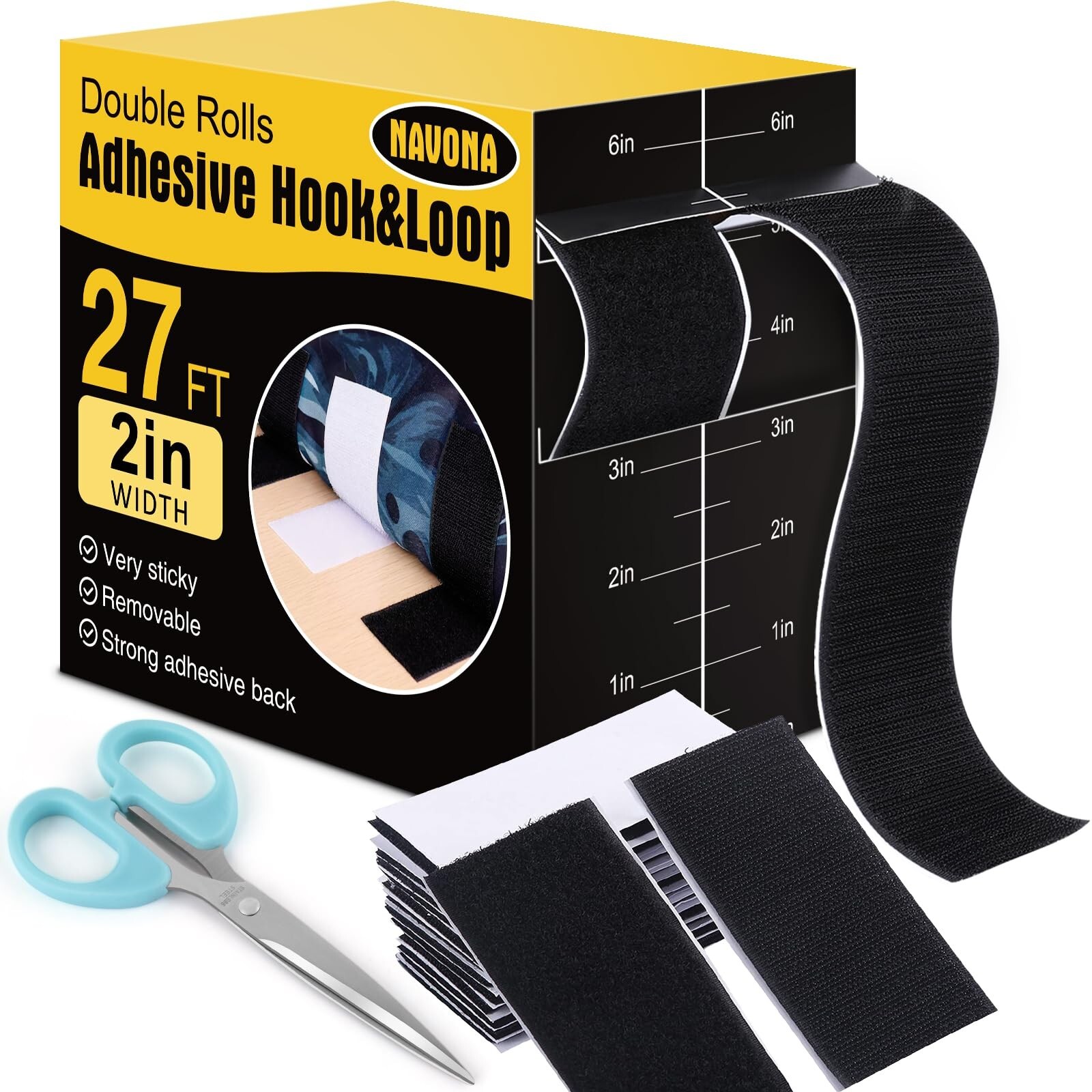 27Ft x 2 Inch Hook and Loop Strips with Adhesive,Double Rolls of Heavy Duty S...