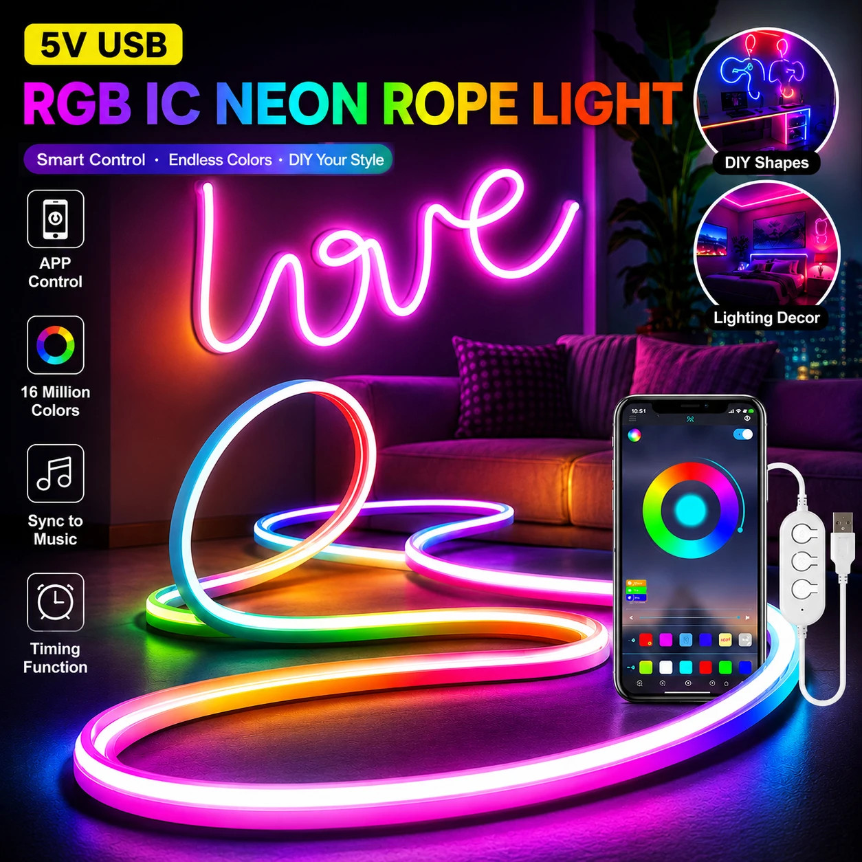 5V RGBIC Neon LED Strip Light SMD5050 APP Control Dreamcolor Chasing