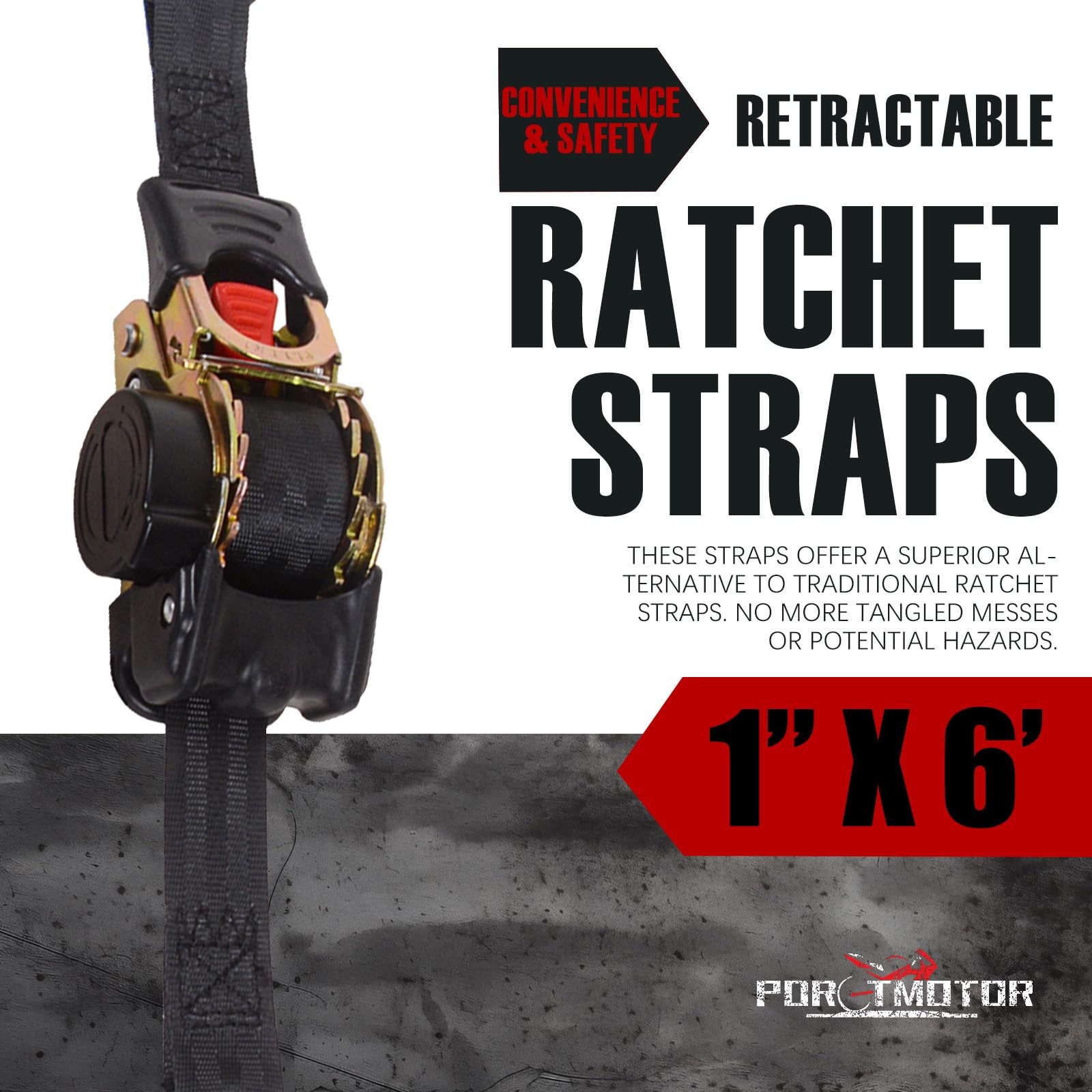 2 Pack Retractable Ratchet Straps (1" x 6'), 1500LBS Break Strength Ratchet T...